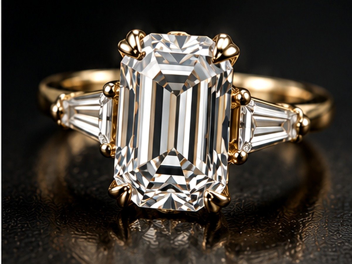 Gold emerald-cut diamond ring close-up