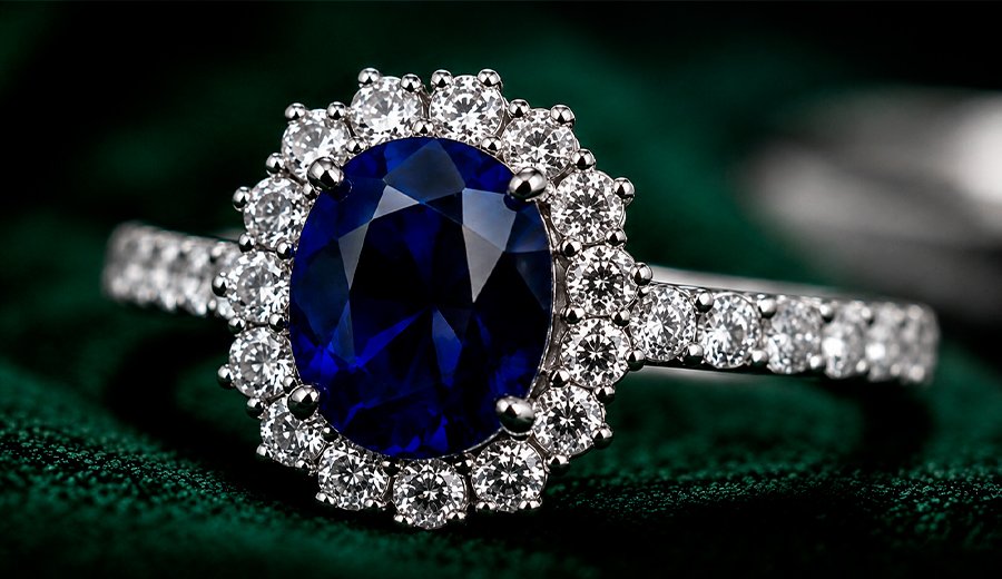 Blue sapphire ring on green velvet